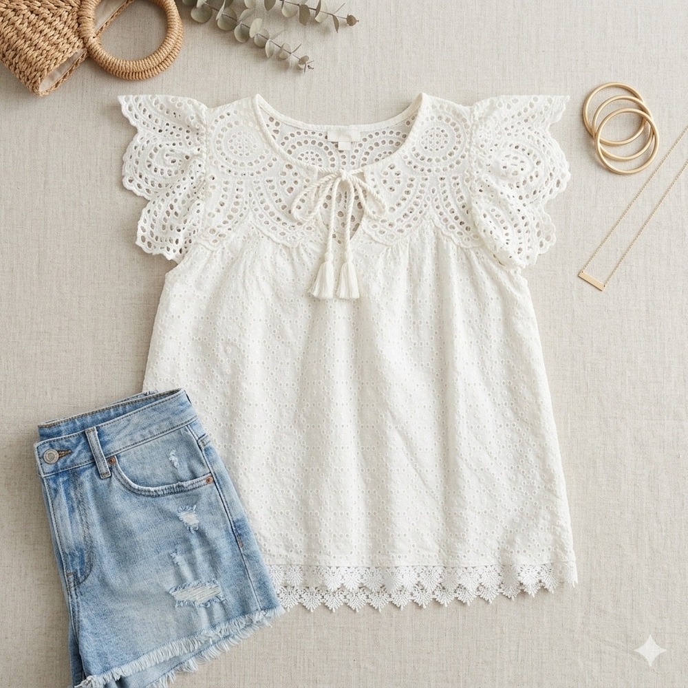 Jennifer Grace Blouse Womens Small White Eyelet Crochet Lace Boho Flutter Sleeve